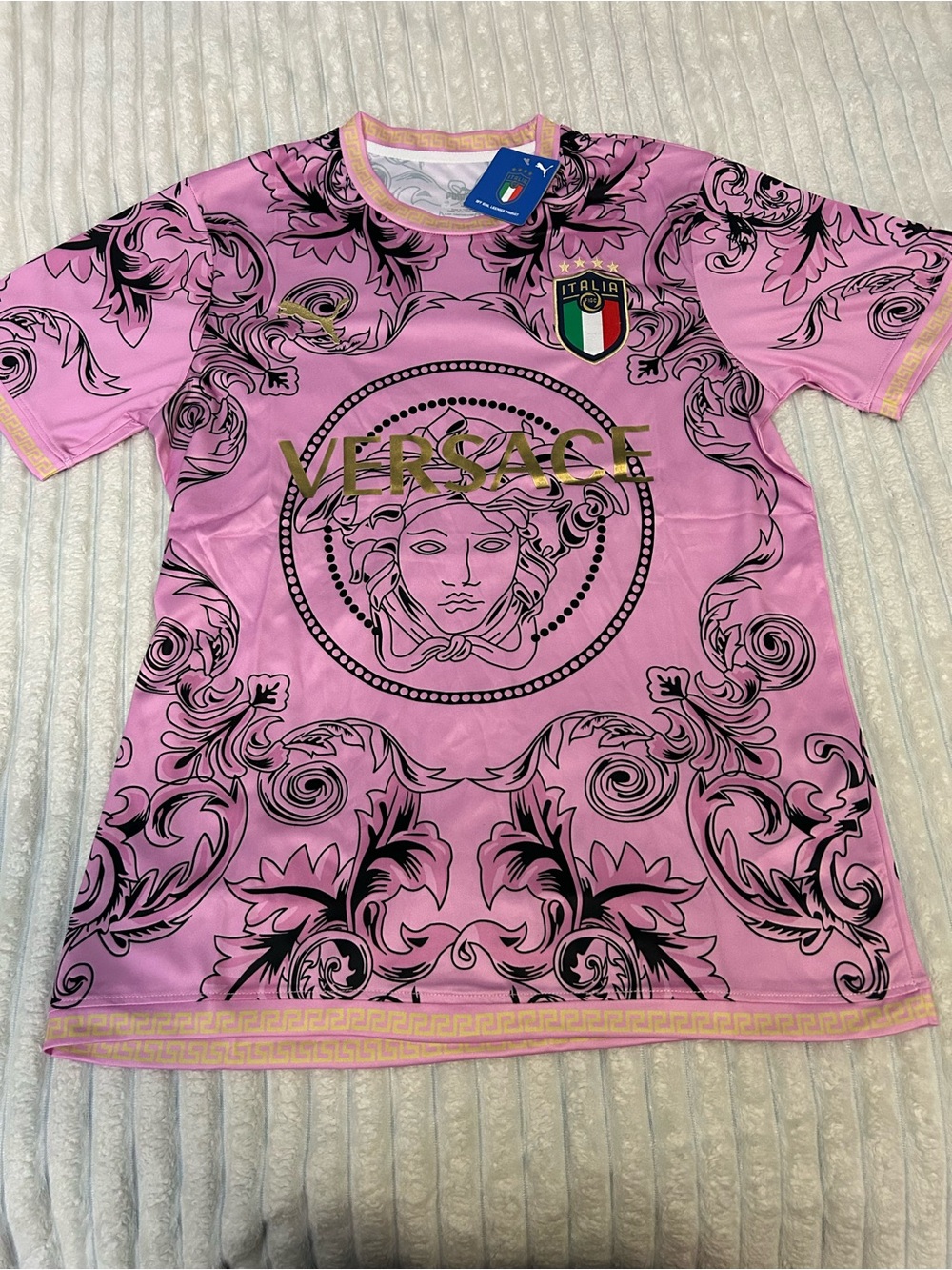 Versace Pink Baroque Medusa Logo Shirt with Black and Gold Details